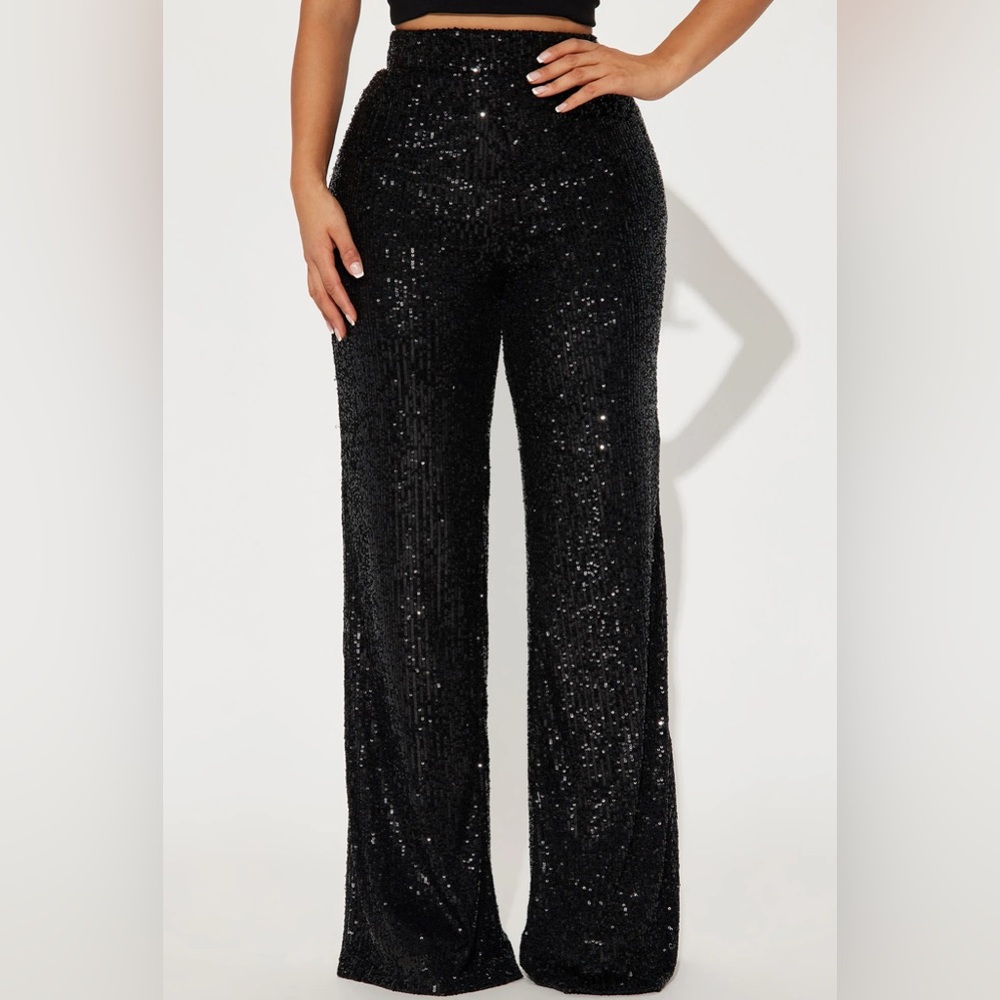 •After Glow• Sequin Black Elastic Waist Flare Pant - Picture 4 of 4